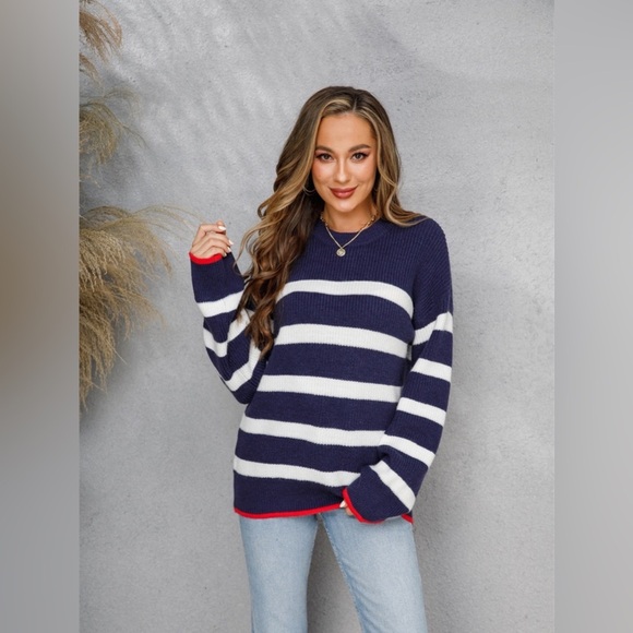 Striped Round Neck Dropped Shoulder Sweater - Picture 3 of 6